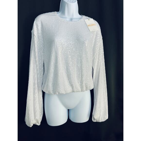 Show Me Your Mumu Good Time White Sequin Top Medium NWT Long Sleeve Party Blouse - Picture 3 of 8